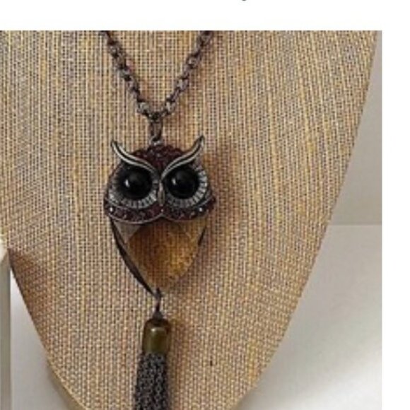 Vintage Owl Pendant Necklace by Katherine Karambelas Tassel & Rhinestone Accents - Picture 1 of 8